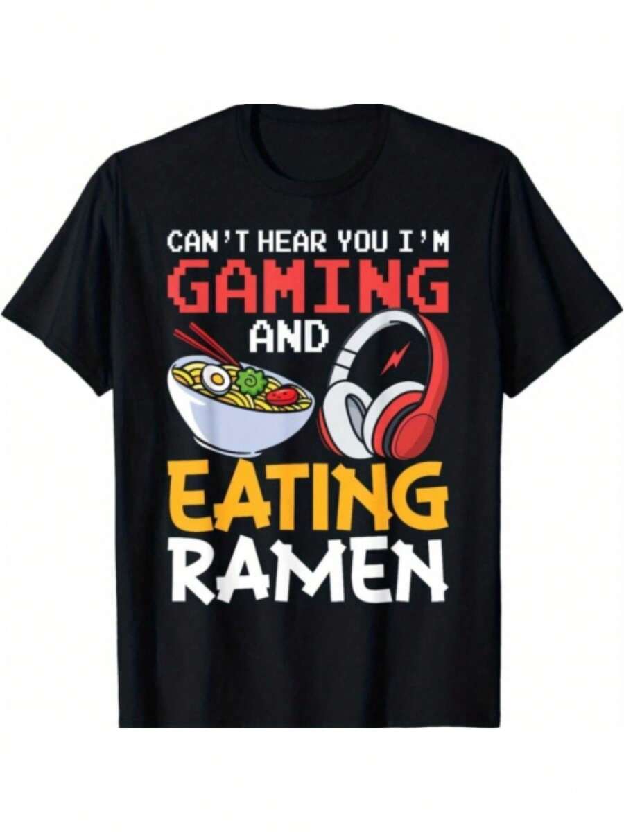Funny Gamer T-Shirt "I Can't Hear You, I'm Gaming And Eating Ramen" - Unisex Casual Streetwear With Headphones And Ramen Graphic - Black With Red Print - Medium Stretch Fabric For Summer Outfits, Gaming Events And Anime Conventions - Comfortable Crew Neck - 黑色 - 查看 1