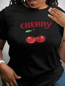 Women's Short Sleeve Crew Neck Cherry Print T-Shirt - Casual Sporty Style, Soft And Breathable, 100% Cotton 180G, Printed Design, Cool Summer Look, Cute And Fun, Fashionable And Eye-Catching, Comfortable And Casual - 黑色 - 查看 1