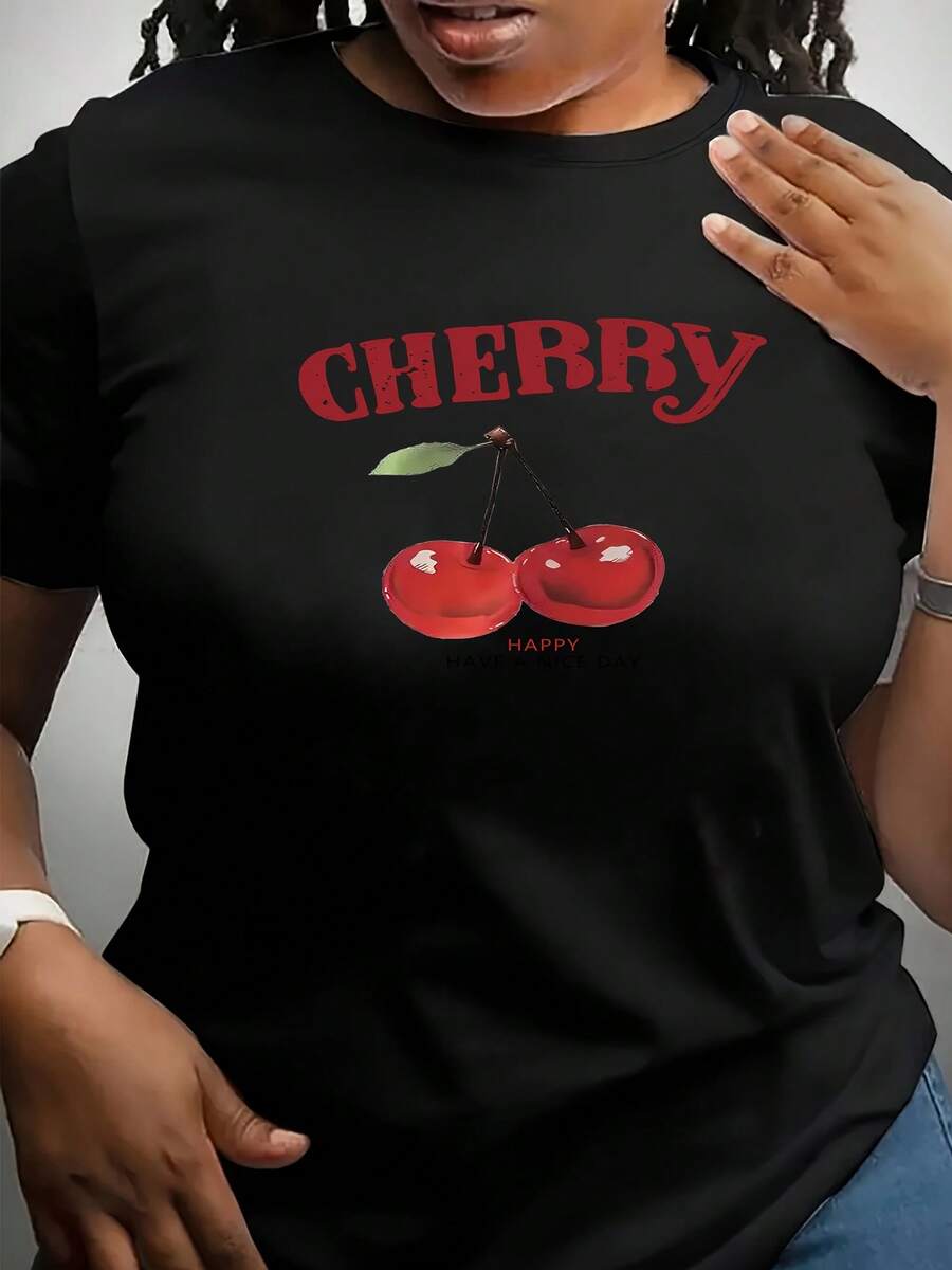 Women's Short Sleeve Crew Neck Cherry Print T-Shirt - Casual Sporty Style, Soft And Breathable, 100% Cotton 180G, Printed Design, Cool Summer Look, Cute And Fun, Fashionable And Eye-Catching, Comfortable And Casual - 黑色 - 查看 1