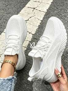 White Breathable Knit Slip On Running Sneakers, Lightweight Cushioned Non Slip Washable Casual Athletic Shoes For Daily Workout Errands - trắng - Xem 1