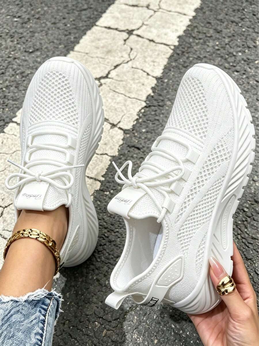 White Breathable Knit Slip On Running Sneakers, Lightweight Cushioned Non Slip Washable Casual Athletic Shoes For Daily Workout Errands - trắng - Xem 1