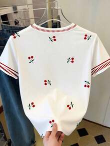 Women's Casual T-Shirt, Gray, New Summer Design, Round Neck, Sweet Cherry Print, Graphic Design, Student Style, Versatile Minimalist Fit, Suitable For Daily Wear, Outdoor Activities, Travel, Comfortable, Essential For Women - 紅色 - 查看 2