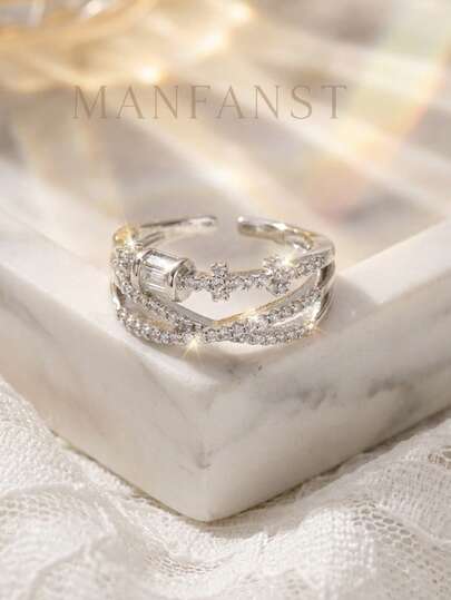 1pc Luxurious Criss-Cross Transparent Cubic Zirconia Wrapped Ring, Silver-Tone Copper Exaggerated Cocktail Jewelry