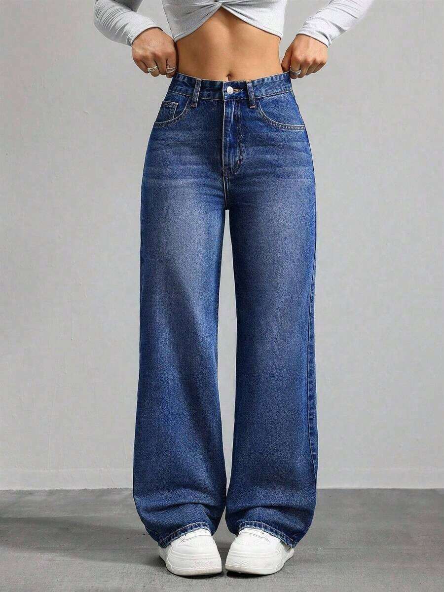 Jeans de mezclilla de unicolor minimalista para uso diario de mujer - Azul lavado oscuro 2 - Ver 1