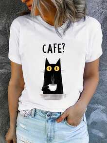 Soft And Cute Black Cat With Coffee "CAFE?" Graphic Print T-Shirt, Women's Casual Cotton Top, Funny Short Sleeve T-Shirt For Cat Lovers For Everyday Wear, Elegant Blouses For Ladies - 白色1 - 查看 7