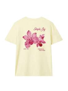 Esta camiseta de cuello redondo con estampado floral y de letras colorido para mujer es moderna y versátil para el verano.La camiseta gráfica viene en blanco y rosa, adecuada para usar en vacaciones.Negro Casual - Amarillo - Ver 3