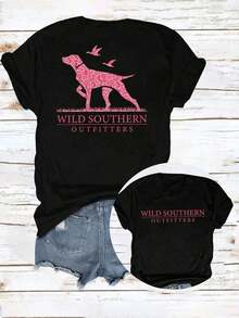 Women's Summer Dresses "Wild Southern Outfitters" Double-Sided Printed T-Shirt, Crew Neck, Short Sleeves, Casual Summer Top, With A Pink Hunting Dog Pattern On The Back And "Wild Southern Outfitters" Print On The Front, Soft And Breathable Fabric, Machine Washable, Casual Style T-Shirt For Country Concerts 2026 - 黑色 - 查看 7