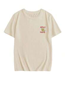 1 Piece Of Short-Sleeved T-Shirt With Round Neck And Italian Drinks Print, Casual Summer Style, Versatile And Fashionable Casual Wear For Women. - 杏色 - 查看 5