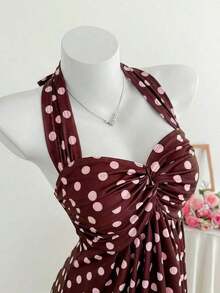 Top de tirantes con estampado de lunares marrones y detalle de nudo en la espalda para mujer, adecuado para verano, vacaciones de primavera, ceremonia de graduación, fiesta de boda, vacaciones elegantes, playa casual, estilo Y2K lindo y sexy y - Marrón - Ver 3