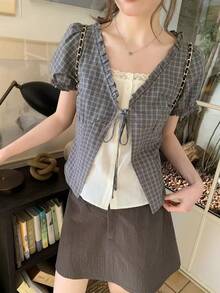 Women's Retro Plaid Woven Ruffle V-Neck Puff Sleeve Casual Blouse, Suitable For Spring And Autumn Outdoor Wear Summer - Dusty Blue - View 1