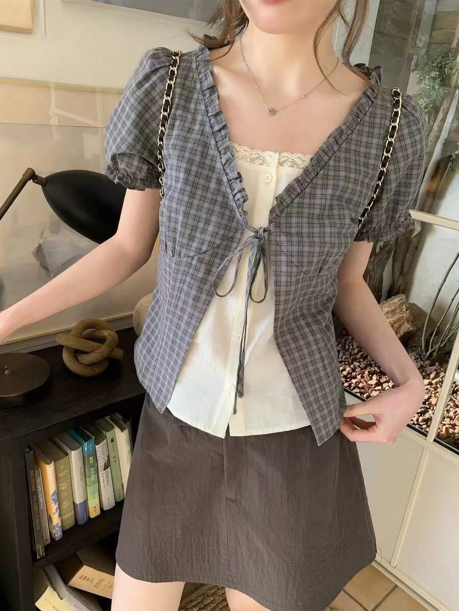 Women's Retro Plaid Woven Ruffle V-Neck Puff Sleeve Casual Blouse, Suitable For Spring And Autumn Outdoor Wear Summer - Dusty Blue - View 1