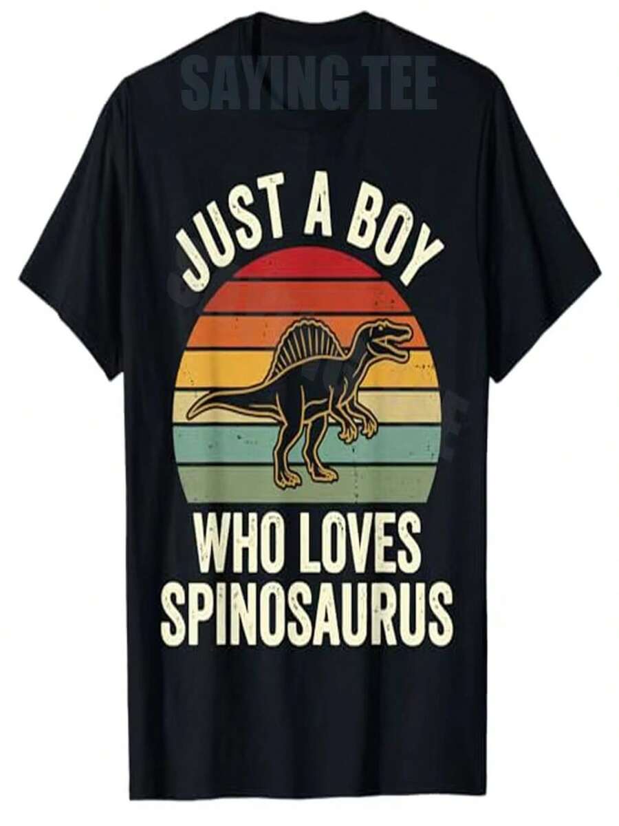 Girls' T-Shirt With Spinosaurus Dinosaur Design In Y2K Style, Retro Paleontological Design, Original Gift. - 黑色 - 查看 1