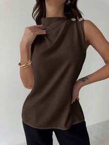 Camisa de oficina blanca sin mangas con cuello plisado asimétrico y botones metálicos, elegante y versátil para el uso diario, primavera/verano - Café integral - Ver 7