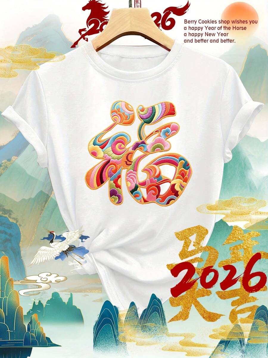 Women's Round Neck Short Sleeve T-Shirt With Chinese New Year Good Fortune Print - Casual Blouse, Sizes S-XXL, Machine Washable For Spring, Summer, Autumn And Lunar Year Celebrations - Comfortable And Casual Top - 白色 - 查看 1