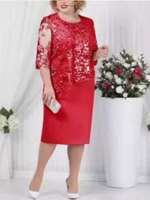 New Women's Plus Size Cocktail Dress, Light Blue, Round Neck, 3/4 Sleeves, Lace Appliqués, Mock Double Layer, Elegant And Flattering Design, Perfect For Events, Parties And Dinners - 紅色 - 查看 7