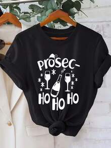 Women's Wine Themed Graphic T-Shirt - Versatile And Stylish, Perfect For All Seasons, Short Sleeve, Autumn Winter Clothing - 黑色 - 查看 1