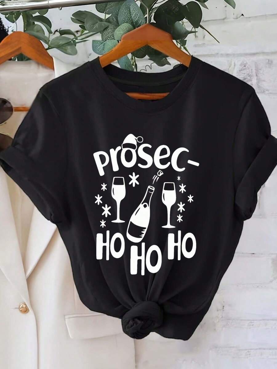Women's Wine Themed Graphic T-Shirt - Versatile And Stylish, Perfect For All Seasons, Short Sleeve, Autumn Winter Clothing - 黑色 - 查看 1