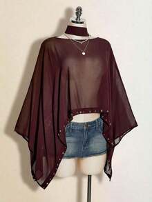 SUN Blusa holgada y transparente con cuello asimétrico, mangas acampanadas, remaches decorativos y unicolor, para mujer, estilo occidental, vacaciones y uso casual, primavera/verano - Marrón - Ver 9