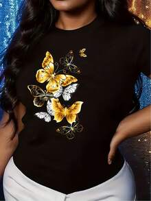 [Casual Style] Women's Casual T-Shirt With Butterfly Print - Short Sleeve, Round Neck, Soft Polyester, Machine Washable, Yellow Design, Comfortable Fit For All Seasons, Casual Wear Top | Casual Fashion | Medium Elasticity - 黑色 - 查看 1
