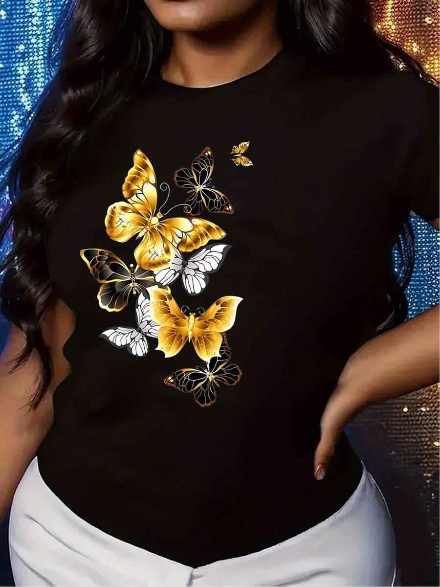 [Casual Style] Women's Casual T-Shirt With Butterfly Print - Short Sleeve, Round Neck, Soft Polyester, Machine Washable, Yellow Design, Comfortable Fit For All Seasons, Casual Wear Top | Casual Fashion | Medium Elasticity - 黑色 - 查看 1