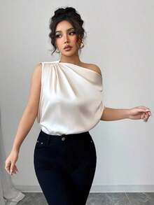 Blusa de mujer con hombro asimétrico con volantes de satén, elegante y casual para fiesta, ir al trabajo y uso diario, estilo francés de primavera/verano con un solo hombro descubierto - Albaricoque - Ver 5