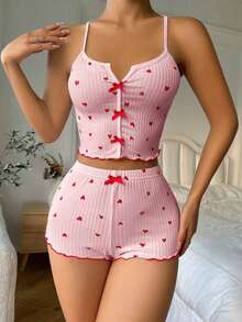 pijama / Pijama con estampado de corazón, ribete contrastante y lazo delantero - Rosa 2 - Ver 3