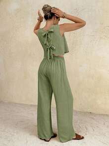 Conjunto informal de 2 piezas con top de cuello redondo y lazo en la espalda, y pantalones de cintura elástica de unicolor para mujer - Verde Oliva - Ver 8