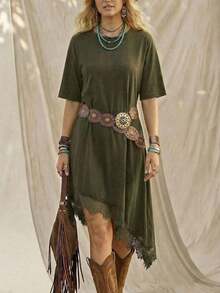 Vestido de talla media de manga corta con bajo asimétrico, de uso diario, de vacaciones y casual, de unicolor con parches de encaje, de moda básica para mujeres - Verde militar - Ver 6