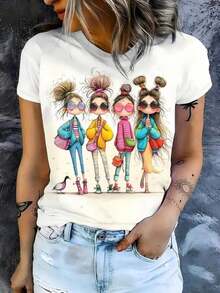 Camiseta Gráfica de Moda para Mujer, Estilo Casual Urbano de Verano, 100% Algodón, Suave, Transpirable, Corte Holgado, Manga Corta, Conjuntos de Verano para Mujer, Tallas Grandes Disponibles, Atuendo, Top para Cenas o Brunchs Nocturnos de Chicas - Blanco - Ver 9