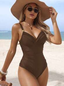 Traje de baño de una pieza con control de abdomen y acolchado, elegante y maduro, para mujer, color negro - Marrón - Ver 5