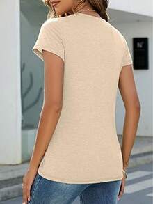 Camiseta de manga corta con cuello redondo suelto impresa de rompecabezas para mujeres de verano de primavera - Albaricoque - Ver 3