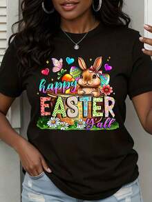 1 Piece Women's "Happy Easter" T-Shirt With Bunny, Basket, Eggs, Flowers And Hearts Design, For Spring, Holidays, Cute Easter T-Shirt, Fun Easter Gift, 180g, 100% Cotton - 黑色 - 查看 1