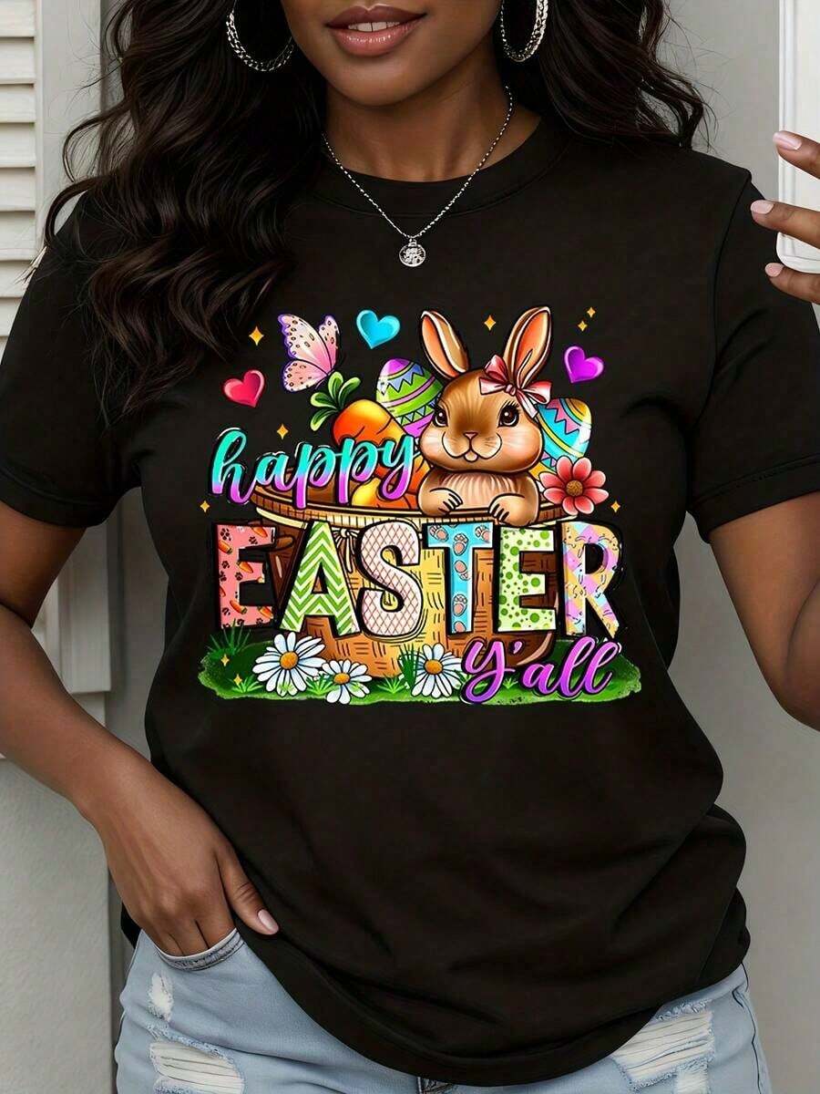 1 Piece Women's "Happy Easter" T-Shirt With Bunny, Basket, Eggs, Flowers And Hearts Design, For Spring, Holidays, Cute Easter T-Shirt, Fun Easter Gift, 180g, 100% Cotton - 黑色 - 查看 1