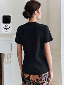 1 Piece Of Elegant Women's T-Shirt, 94% Cotton, Minimalist, Casual For Everyday Wear, Short Sleeve, Round Neck, Adorned With Sequin Embroidery, Black Color, 180g, 100% Cotton. - 黑色 - 查看 4