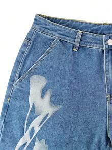 1 chiếc quần jeans ống rộng in họa tiết phong cách punk bụi bặm retro dành cho nam, kiểu dáng đường phố. - Màu xanh lam - Xem 6