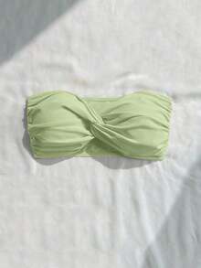 Top de bikini bandeau de un solo color con efecto retorcido - Verde Limelight - Ver 5