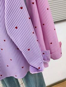 Blusa de mujer con cuello polo, estampado de corazones y rayas - Camisa casual de manga larga con botones, adecuada para uso diario en primavera, verano y otoño - Rayas moradas - Ver 9