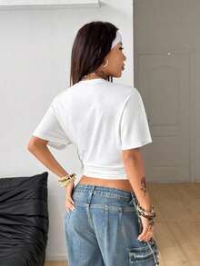 Camiseta corta de mujer con hombros caídos y rayas - Multicolor 4 - Ver 2