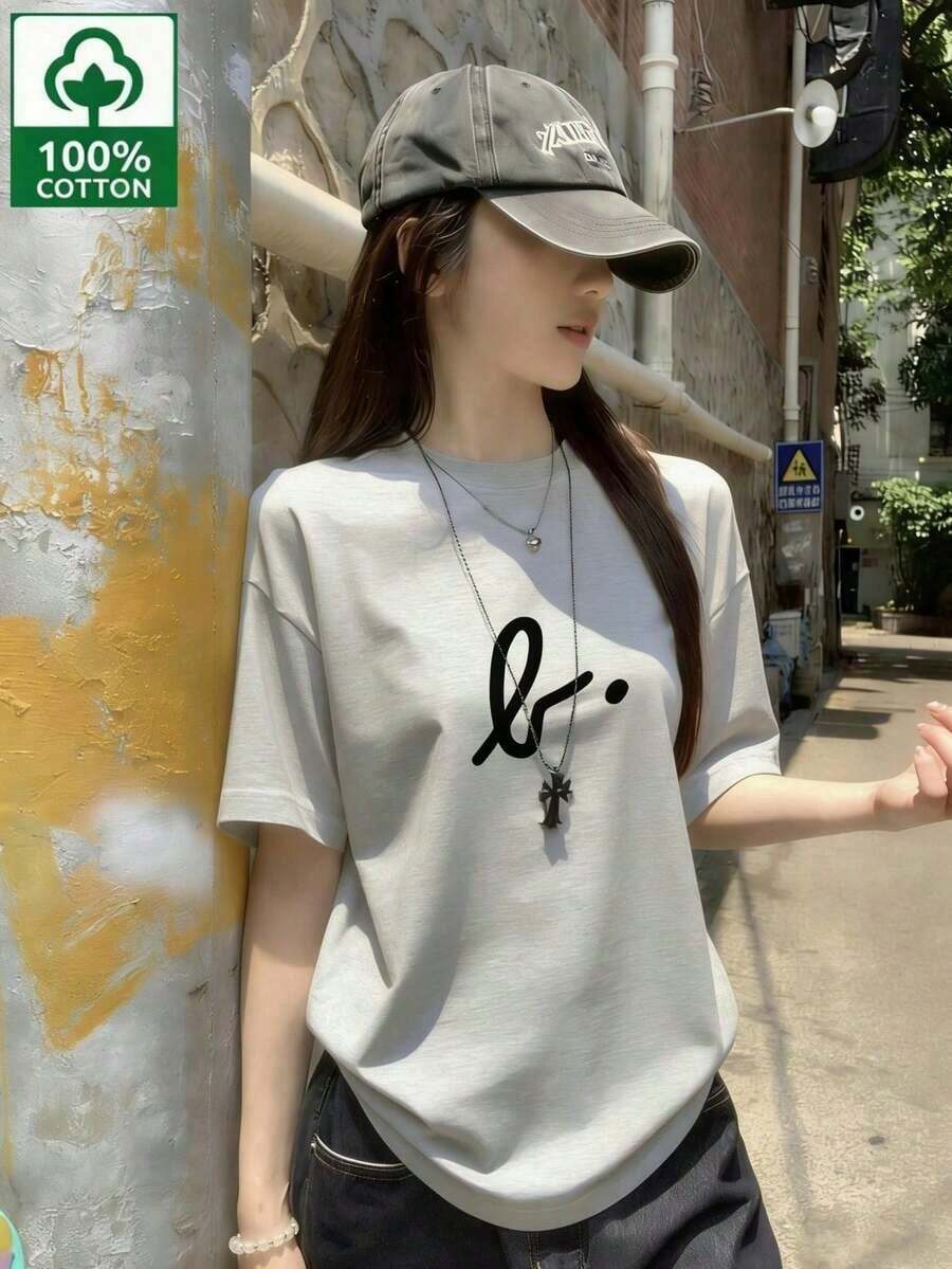 Women's Short-Sleeved T-Shirt, Dark Gray, With Note-Style Logo Print, 100% Cotton, Casual Everyday Wear, Summer Wear, New Model, Solid Color Design, Regular Length, Made Of Pure Cotton Fabric, Comfortable To Wear, Machine Washable. - 淺灰色 - 查看 1