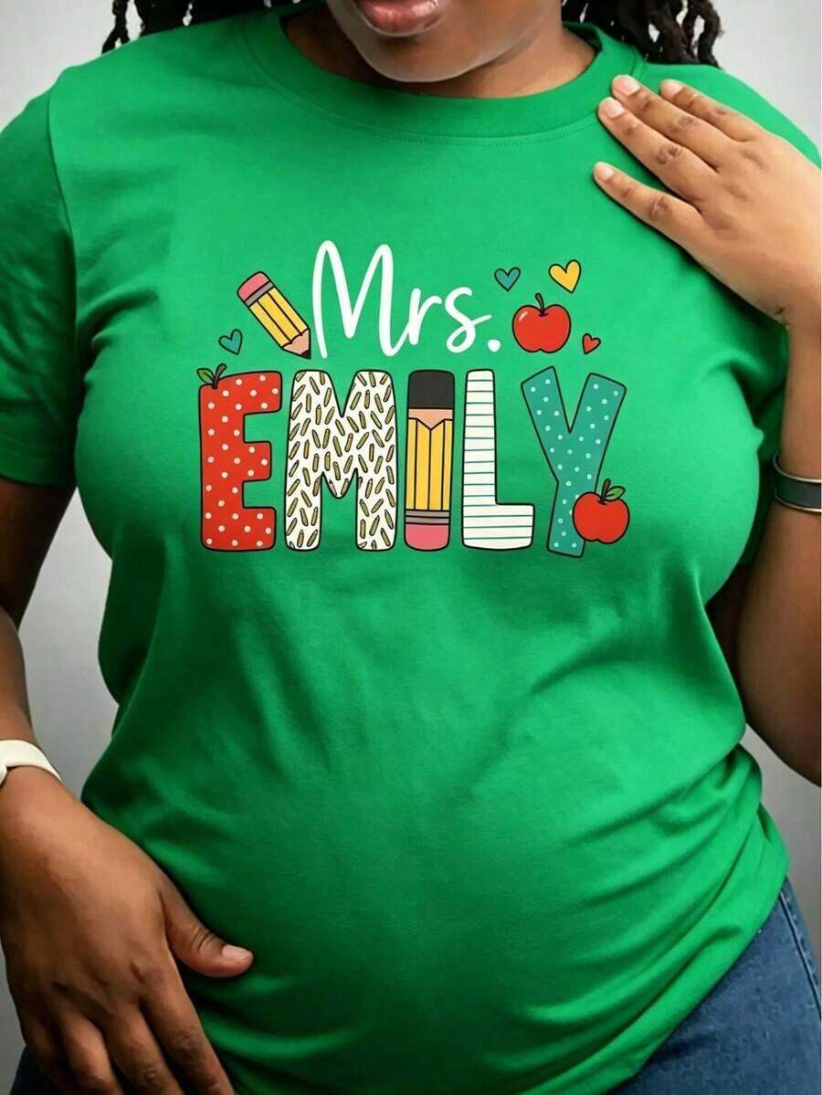 Fashionable Women's T-Shirt, Casual Short Sleeve Women's T-Shirt - Teacher's Day Gift, With Name Design, Colorful Icons And Medium Elasticity Fabric, Machine Washable Educator's T-Shirt, Teacher's Outfit, School Themed Design, Stretch Fabric Top. - 綠色的 - 查看 1
