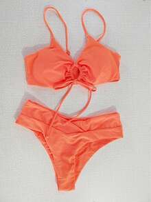 Traje de baño de dos piezas con lazo en el cuello y diseño de color sólido multicolor, bikini femenino. - Naranja - Ver 12