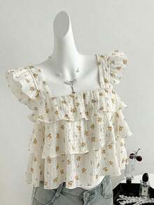 Blusa de mujer con patrón de cuadros arrugados, lunares negros, diseño suelto de mangas con volantes - Amarillo claro - Ver 6