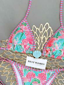 Conjunto de bikini sexy de cuello halter y lazo para mujer en bloque de color para vacaciones, playa de verano - Multicolor - Ver 5