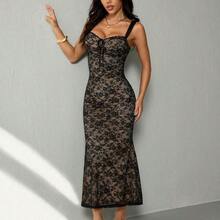 PETITE Black Lace Contrast Lining Summer Sexy Camisole Dress - Negro - Ver 7