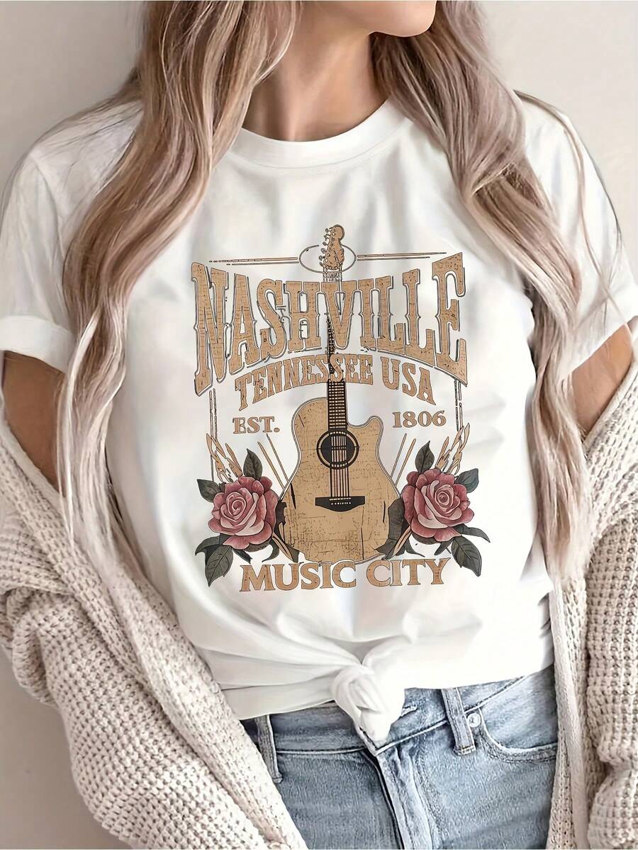 Women's Comfortable Black Guitar T-Shirt, Letter Print, Loose Fit, Round Neck, Short Sleeves, Soft Slightly Stretchy Fabric, Casual Everyday Wear, Geometric Pattern, Spring Summer, Regular Length, No Belt, Pullover Style - [白色的] - 查看 1