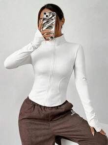Chaqueta de manga larga de punto ajustada con protección solar para mujer en otoño/invierno, color albaricoque - Blanco - Ver 5
