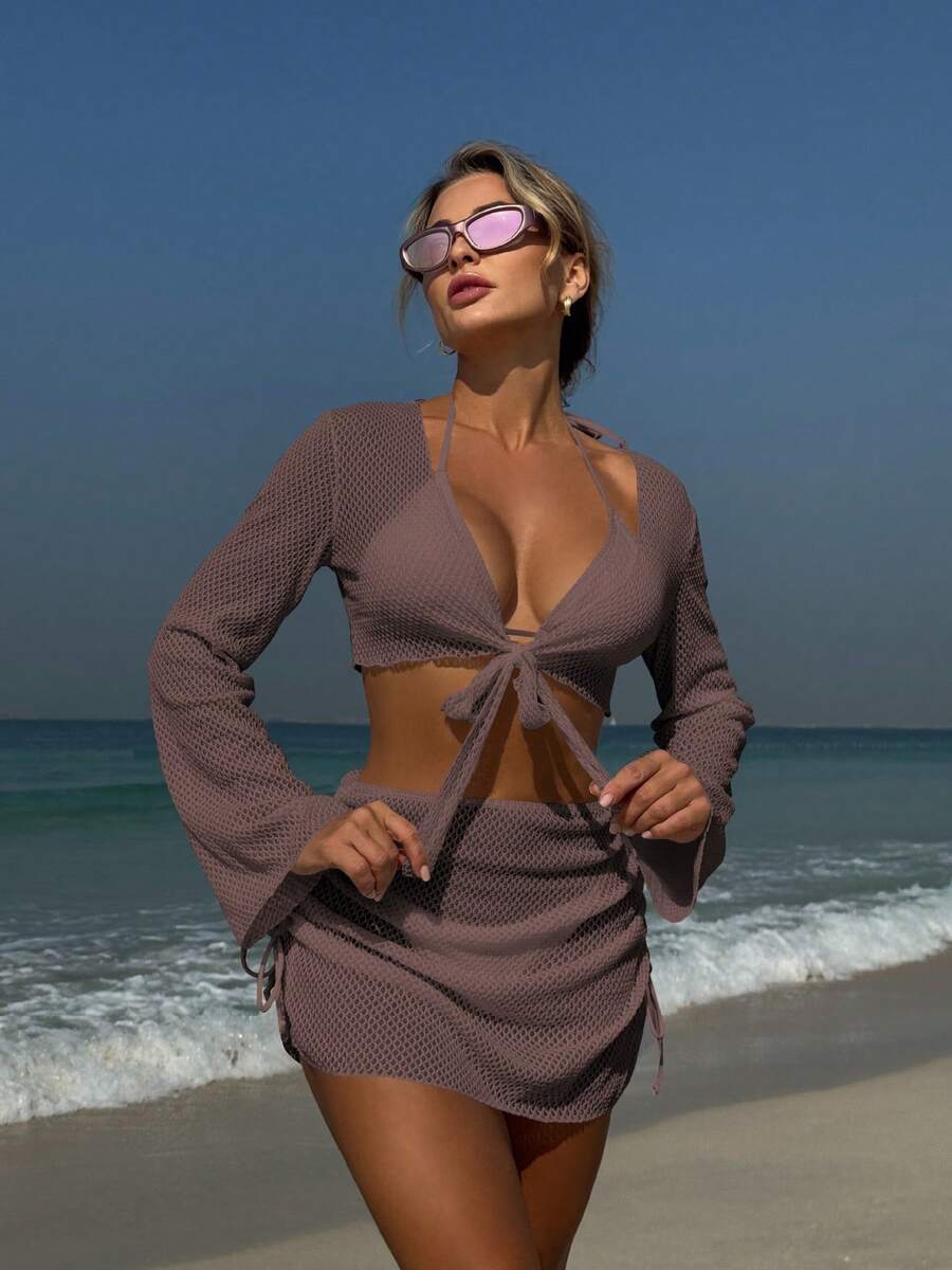 New Four-Piece Swimsuit In Solid Color, Sexy,  Style, Ideal For Summer Beach Vacations. - Reddish-brown - View 1