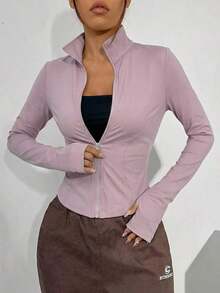 Chaqueta de manga larga de punto ajustada con protección solar para mujer en otoño/invierno, color albaricoque - Púrpura polvoriento - Ver 6