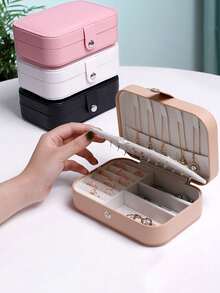 1pc Portable Jewelry Box, Snap Closure Jewelry Storage Box, Makeup Box, Zipper Jewelry Gift Box, Multi-Layer Compartment Storage Box, Travel Jewelry Box, Vanity Storage Box, Room Decor - Multicolor - View 3