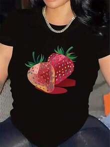 Camiseta de manga corta ligera y duradera con diseño de fresa, ideal para salidas casuales en casa o restaurantes, que ofrece un ajuste cómodo para uso diario. - Negro - Ver 2